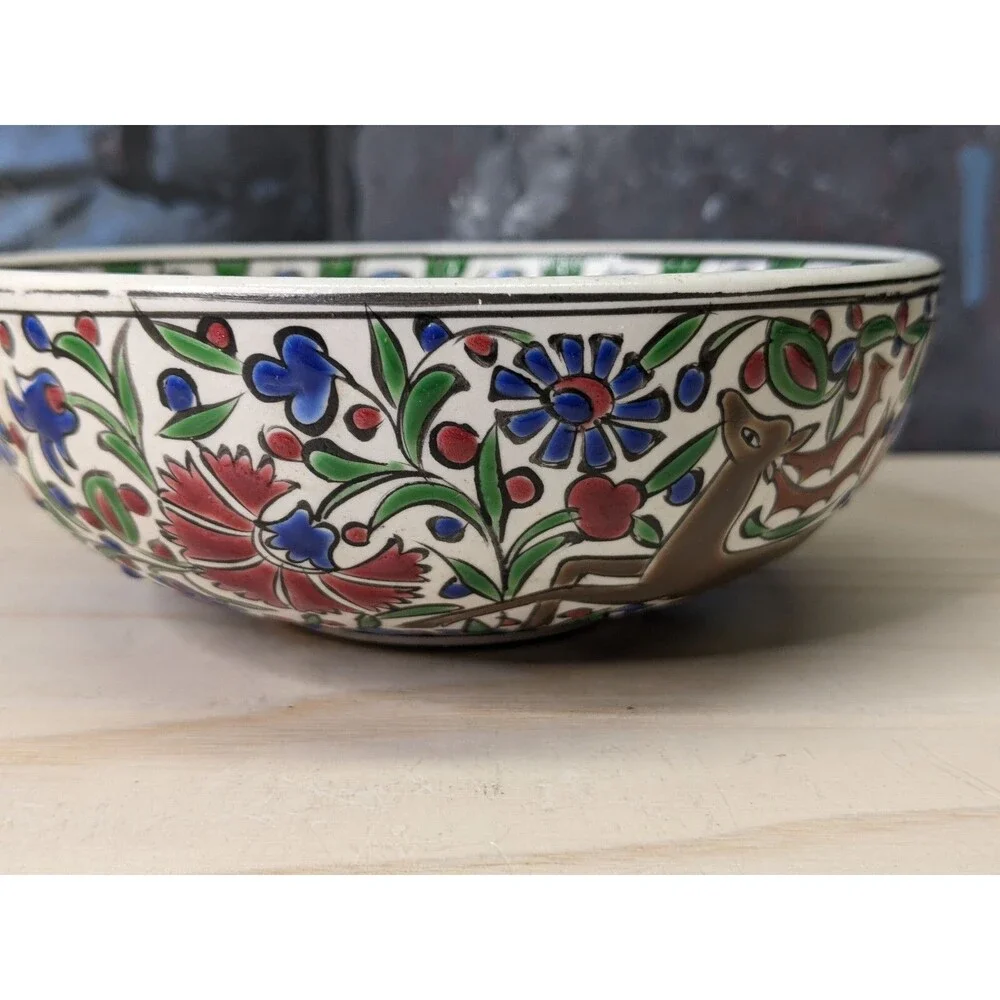 Hand painted Signed Small Turkish Bowl Red Green Floral Deer Trinkets Jewelry